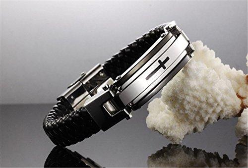 Men Stainless Steel Black ID PU Leather Bracelet Cross Cuff Christian Bangle Buckle Silver Wrist Band-Bracelets-Innovato Design-Innovato Design