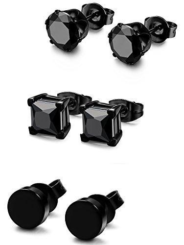 3 Pairs Stainless Steel Black Stud Earrings for Men Women CZ Earrings, 3mm-8mm Available