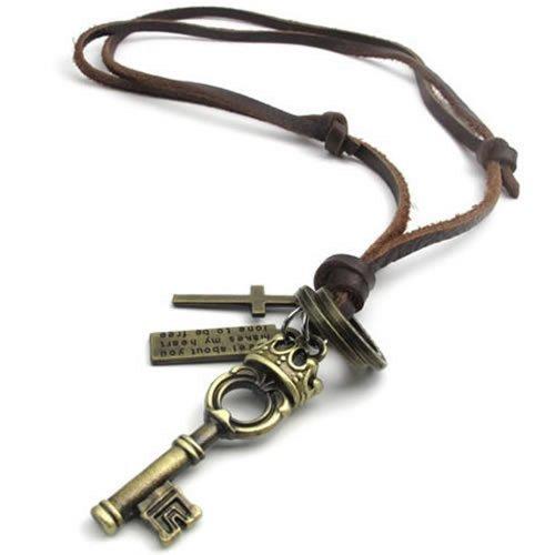 Vintage Cross Love Crown Key Pendant Adjustable Brown Leather Cord Men Necklace Chain-Necklaces-KONOV-Innovato Design