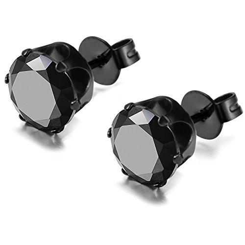 Stainless Steel Mens Womens Stud Earrings Black Round Cubic Zirconia Inlaid, 3mm-8mm Available-Earrings-Innovato Design-Stone Diameter 3mm-Innovato Design