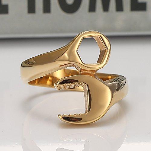 Men Gold Plated Stainless Steel Biker Mechanic Wrench Tool Ring-Rings-Innovato Design-7-Innovato Design