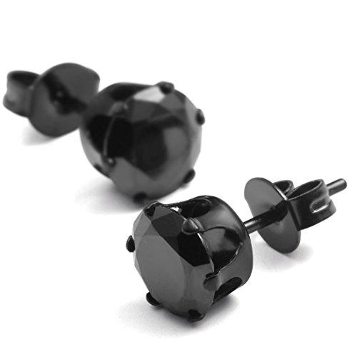 Stainless Steel Mens Womens Stud Earrings Black Round Cubic Zirconia Inlaid, 3mm-8mm Available-Earrings-Innovato Design-Stone Diameter 3mm-Innovato Design