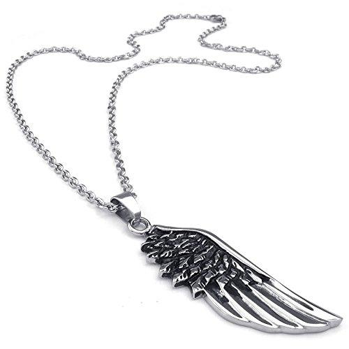 Men Angel Wing Stainless Steel Pendant Necklace, Black Silver, 24 inch Chain - InnovatoDesign