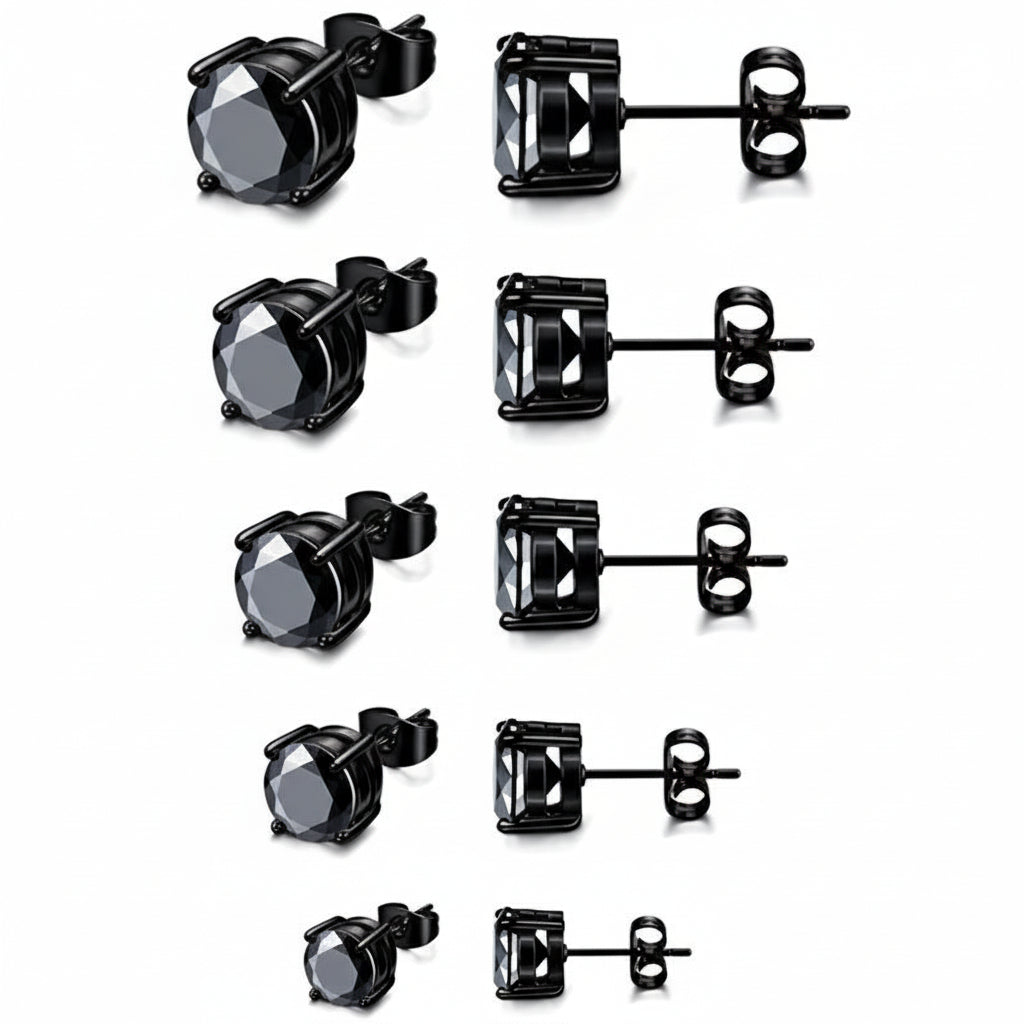 6 Pairs Stainless Steel Men Women Stud Earrings Cubic Zirconia Piercing Black 22G-Earrings-Jstyle Jewelry-Innovato Design