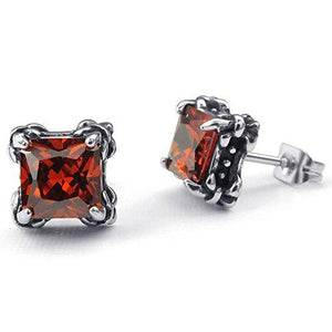 Men Cubic Zirconia Stainless Steel Square Gothic Dragon Claw Stud Earrings, Red Silver-Earrings-Innovato Design-Innovato Design