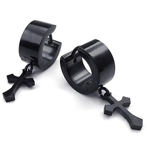 Men Stainless Steel Cross Huggie Hinged Hoop Earrings, Black-Earrings-KONOV-Innovato Design