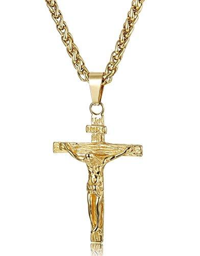 Stainless Steel Mens Womens Cross Necklace Crucifix Pendant, 24 inches-Necklaces-Innovato Design-Gold-tone-Innovato Design