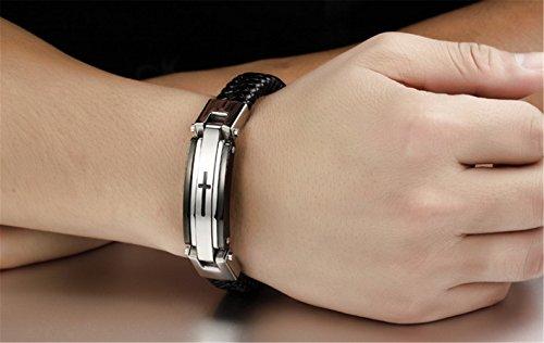 Men Stainless Steel Black ID PU Leather Bracelet Cross Cuff Christian Bangle Buckle Silver Wrist Band-Bracelets-Innovato Design-Innovato Design