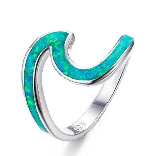 925 Sterling Silver Wave Ring Ocean Beach Lab Created Green Opal. Silver Ring sizes 5-10