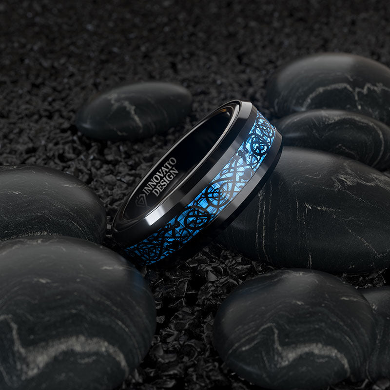 Dragon Blue Inlay Tungsten Spinner Wedding Band Ring-Rings-Innovato Design-Silver-6-Innovato Design
