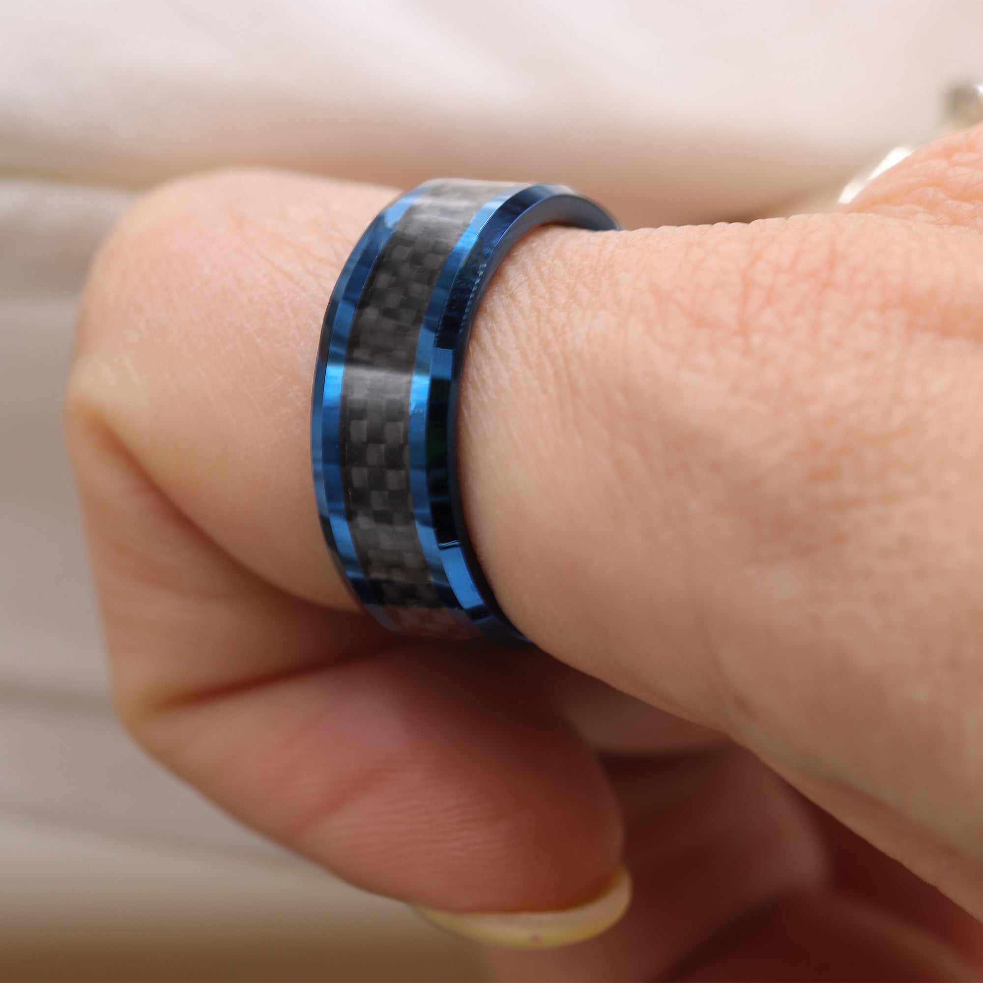 GENTLEMAN 8mm Blue Tungsten Carbide Ring Black Carbon Fiber Wedding Band Polished Finish Comfort Fit-Rings-Innovato Design-7-Innovato Design