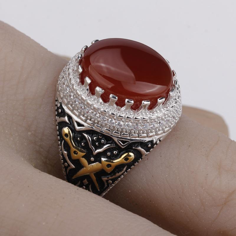 Gold Plated Men Sterling Silver Vintage Nature Agate Double Sword AAA Cubic Zircon Ring-Rings-Innovato Design-8-Innovato Design