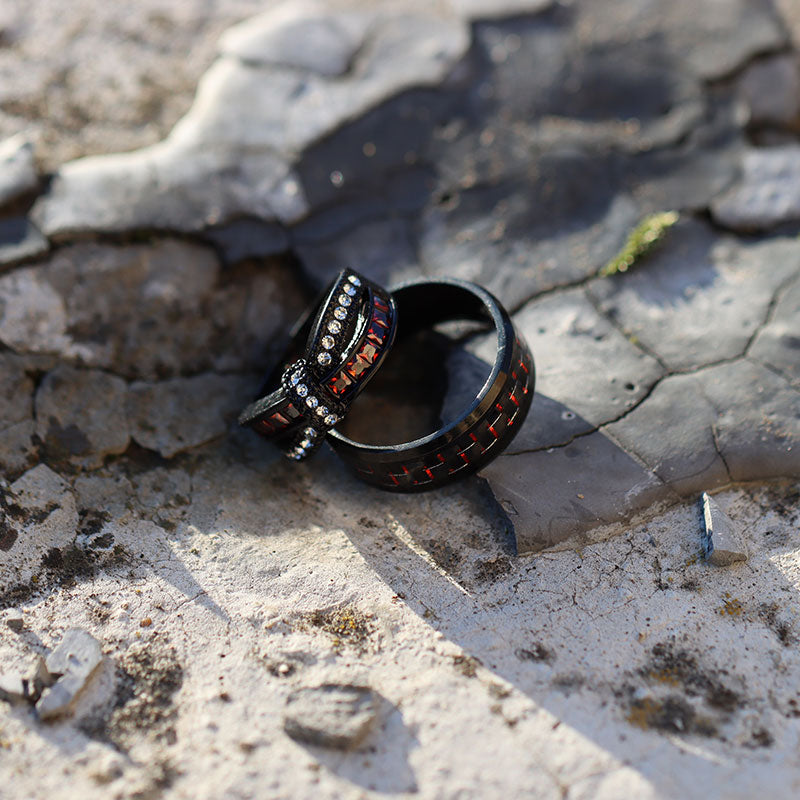 Red Black Carbon Fiber Inlay and Red White Cubic Zirconia Bow Stainless Steel Engagement Rings-Couple Rings-Innovato Design-6-5-Innovato Design