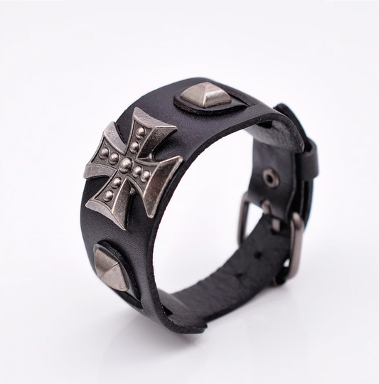 Men's Wide Alloy Genuine Leather Bracelet Bangle Cuff Black Cross Punk Belt-Bracelets-Innovato Design-Innovato Design