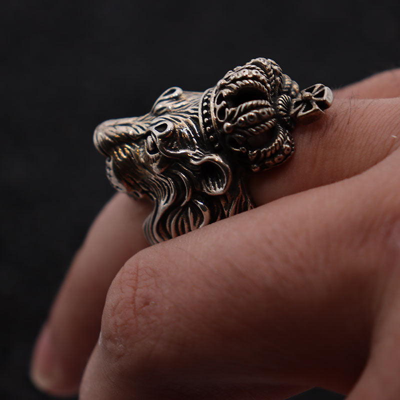 Authentic Crown Lion King Head 925 Sterling Silver Vintage Punk Biker Ring-Gothic Rings-Innovato Design-7-Innovato Design