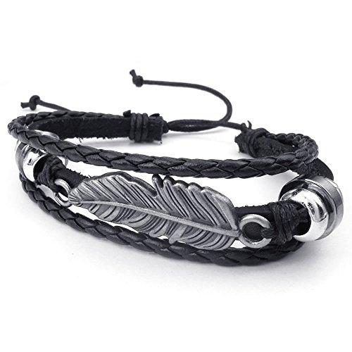 Men Women Leather Bracelet, 7-9 inch Adjustable Feather Bangle, Black Silver - InnovatoDesign