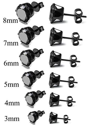 Stainless Steel Mens Womens Stud Earrings Black Round Cubic Zirconia Inlaid, 3mm-8mm Available-Earrings-Innovato Design-Stone Diameter 3mm-Innovato Design
