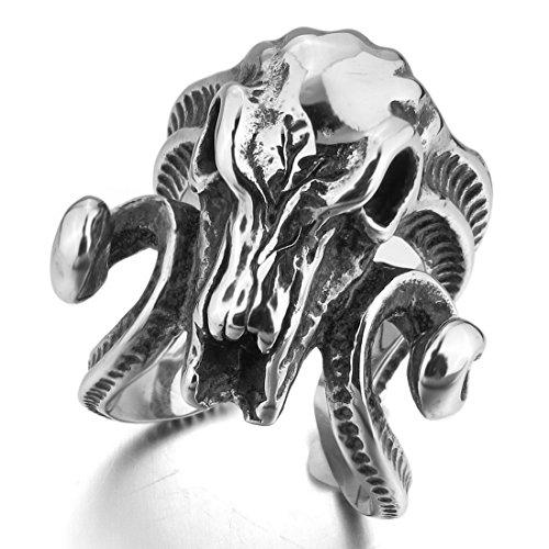 Men's Stainless Steel Ring Silver Tone Black Goat Horn Skull-Rings-INBLUE-8-Innovato Design