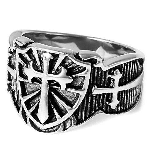 Men's Stainless Steel Ring Silver Tone Black Celtic Medieval Cross Sword Shield - InnovatoDesign