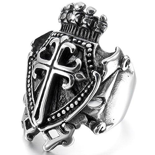 Men's Stainless Steel Ring Silver Tone Black Celtic Medieval Cross Shield-Rings-INBLUE-7-Innovato Design