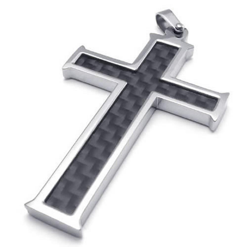 Carbon Fiber Stainless Steel Men Cross Necklace Pendant, Black Silver, 24 inch Chain-Necklaces-KONOV-Innovato Design