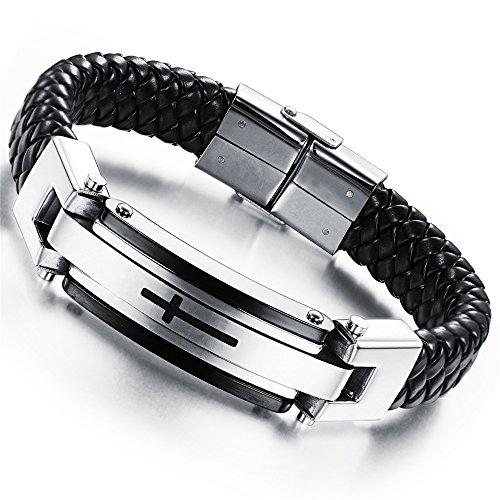 Men Stainless Steel Black ID PU Leather Bracelet Cross Cuff Christian Bangle Buckle Silver Wrist Band - InnovatoDesign