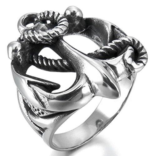 Men's Stainless Steel Ring Silver Tone Black Anchor Nautical Rope-Rings-INBLUE-7-Innovato Design