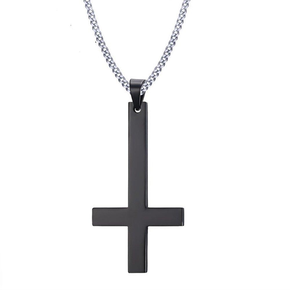 Men Stainless Steel Cross Pendant Necklace, Black, upside down-Necklaces-Innovato Design-Innovato Design