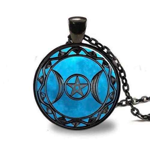 Triple Moon Goddess Pentagram Black Blue Pendant Necklace-Necklaces-Innovato Design-Innovato Design