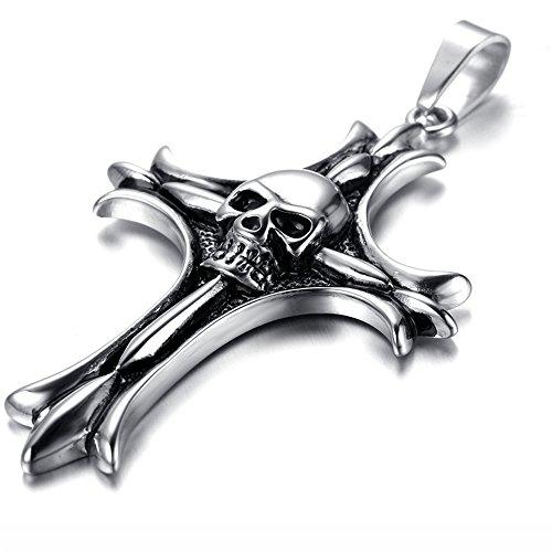 Jewelry Men Gothic Biker Skull Motorcycle Stainless Steel Pendant Necklace, Cross-Necklaces-Innovato Design-Innovato Design