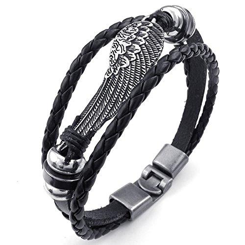 Men Women Genuine Leather Bracelet, Angel Wing Braided Cuff Bangle, Black Silver-Bracelets-KONOV-Innovato Design