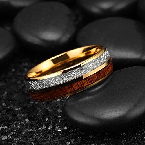METEOR Men Wedding Band Gold Plated Domed Tungsten Ring 8 mm Imitated Meteorite Koa Wood Inlay Comfort Fit-Rings-Innovato-6-Innovato Design