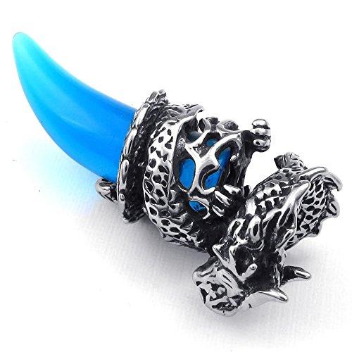 Men Gothic Dragon Tooth Crystal Stainless Steel Pendant Necklace, Blue, 23 inch Chain-Necklaces-KONOV-Innovato Design