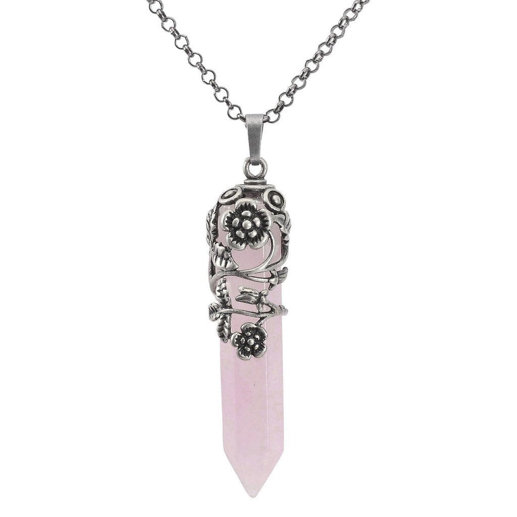 Antique Silver Flower Wrapped Natural Rose Quartz Healing Crystal Necklace-Necklaces-Innovato Design-Rose Quartz-Innovato Design