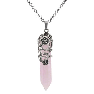 Antique Silver Flower Wrapped Natural Rose Quartz Healing Crystal Necklace-Necklaces-Innovato Design-Rose Quartz-Innovato Design
