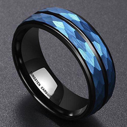 Men’s 8 mm Blue Hammered Tungsten Carbide Ring Black Two Tone Wedding Band Groove Step Edge Comfort Fit-Rings-Innovato Design-6-Innovato Design