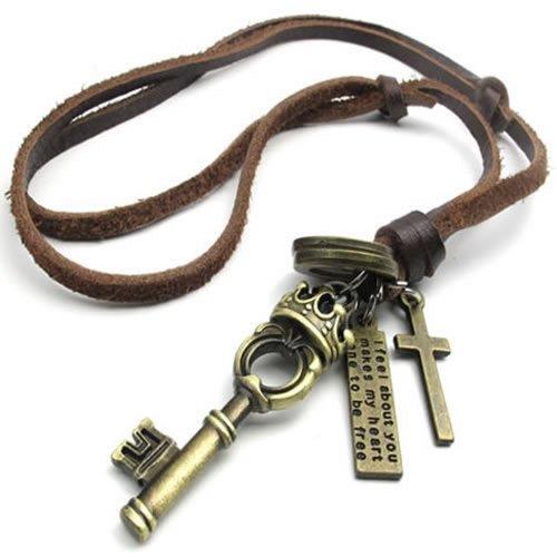 Vintage Cross Love Crown Key Pendant Adjustable Brown Leather Cord Men Necklace Chain-Necklaces-KONOV-Innovato Design