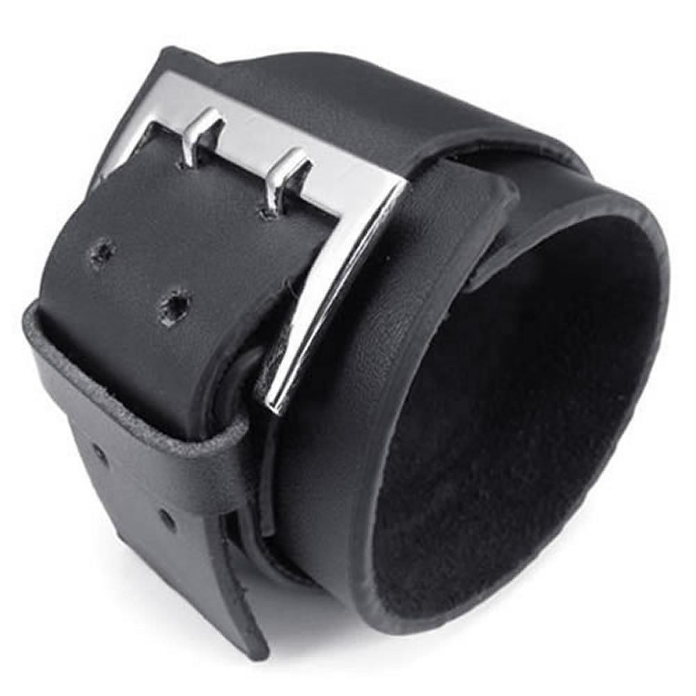 Wide Genuine Leather Men Bangle Cuff Bracelet, Punk Rock, Fits 7" to 8.5", Black-Bracelets-KONOV-Innovato Design