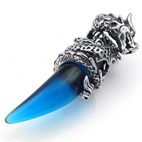 Men Gothic Dragon Tooth Crystal Stainless Steel Pendant Necklace, Blue, 23 inch Chain-Necklaces-KONOV-Innovato Design