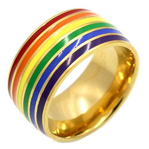 10mm Stainless Steel Gold Plated 6-color Rainbow Gay Lesbian Enamel Wedding Promise LGBT Band Pride Ring