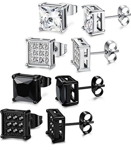 4 Pairs Stainless Steel Stud Earrings for Men Women Square Earrings CZ Inalid,6-8MM-Earrings-Innovato Design-4 Pairs 6mm-Innovato Design