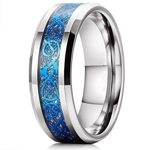 DRAGON Men Women 8mm Tungsten Carbide Ring Blue Celtic Imitated Meteorite Inlay Ring Beveled Edge