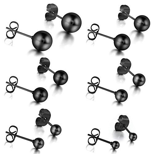 Stainless Steel Men Women Ball Stud Earrings Round 3-8mm 6 Pairs Black-Earrings-Innovato Design-Innovato Design