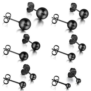 Stainless Steel Men Women Ball Stud Earrings Round 3-8mm 6 Pairs Black-Earrings-Innovato Design-Innovato Design