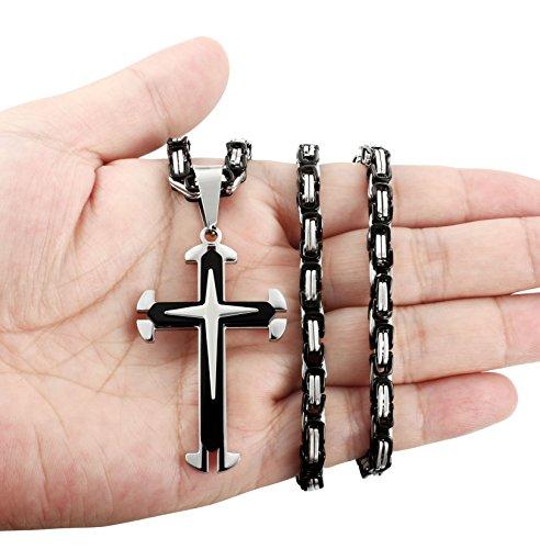 Stainless Steel Men Cross Necklace Pendant for Boys Byzantine Chain Black 5mm 22-30 Inch-Necklaces-Jstyle Jewelry-Cross Pendant + 24 Inch Byzantine Chain-Innovato Design