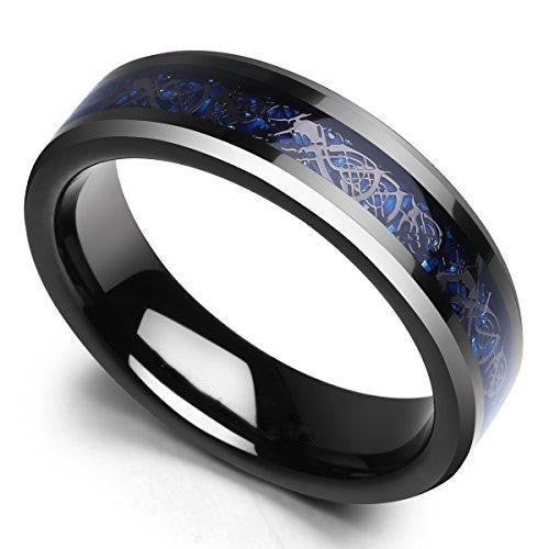 DRAGON Unisex 6 mm Black Celtic Dragon Blue Carbon Fiber Tungsten Carbide Ring Comfort Fit-Rings-Innovato Design-5-Innovato Design