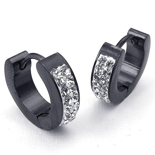 Men Cubic Zirconia Stainless Steel Stud Huggie Hoop Earrings Set, Black - InnovatoDesign