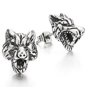 Rock Punk Mens Vintage Wolf Head Stud Earrings in Stainless Steel-Earrings-Innovato Design-Innovato Design