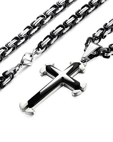 Stainless Steel Men Cross Necklace Pendant for Boys Byzantine Chain Black 5mm 22-30 Inch-Necklaces-Jstyle Jewelry-Cross Pendant + 24 Inch Byzantine Chain-Innovato Design