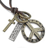 Men's Alloy Genuine Leather Pendant Necklace Gold Tone Cross Peace Sign Adjustable 16~26 Inch Chain - InnovatoDesign